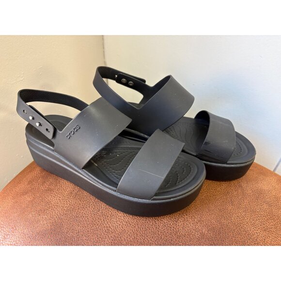 Crocs Brooklyn Wedge Sandals Womens 8 Black Slingback Lite Ride Strappy Platform - Picture 1 of 9